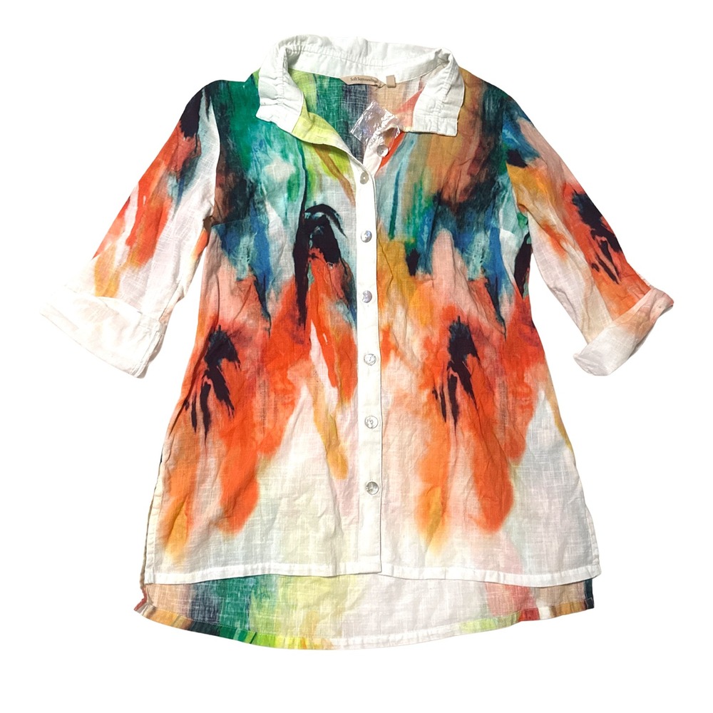 Soft Surroundings Womens Medium Abstract Watercolor Linen Tunic Button Down